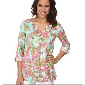 Lilly Pulitzer Dorothy In The Villas Floral Pima Pintuck Henley Tunic Top Sz XS